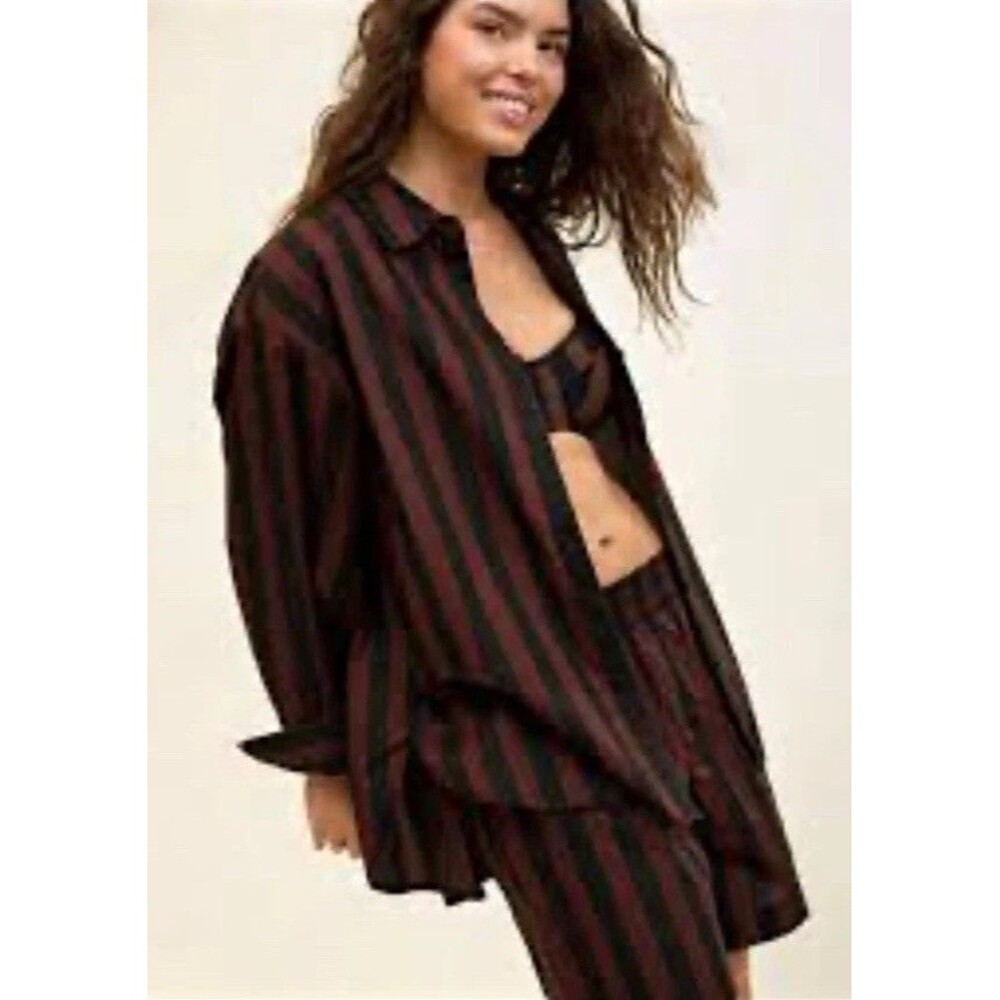 Aerie 2pc Striped Button-Up Shirt & Elastic Waist Shorts Set Black/Brown M